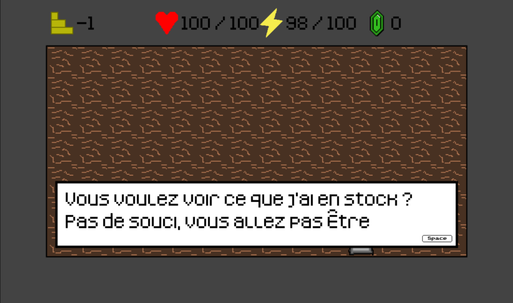 Une boîte de dialogue, qui fait partie de l'UI de mon jeu vidéo Down the Mines, qui affiche du texte.