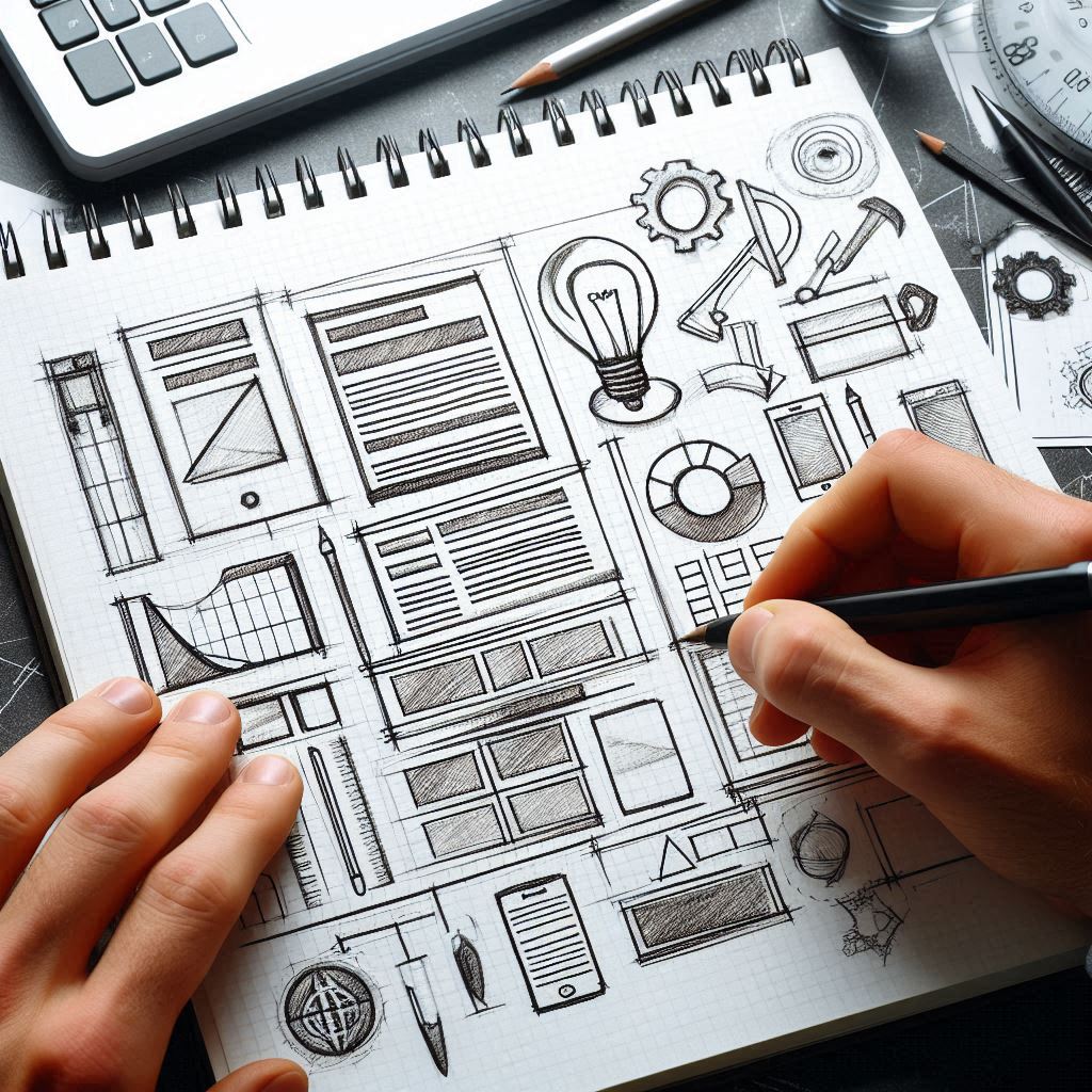 Une main dessine des plans de conception sur un cahier blanc.